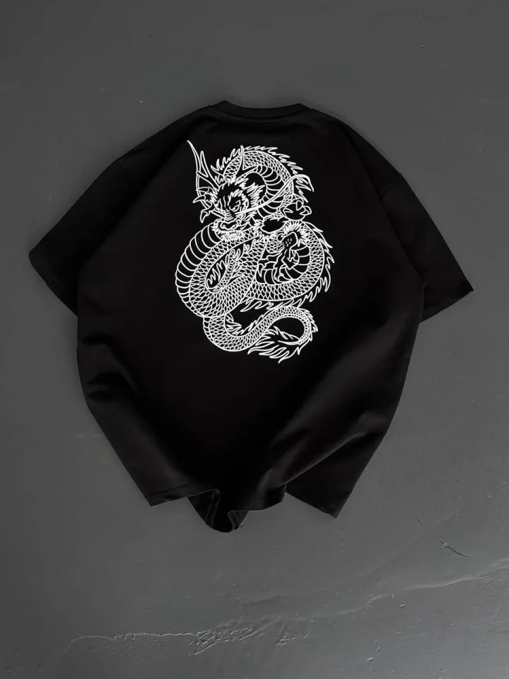 Baskılı Oversize Bisiklet Yaka T-shirt - Siyah (184319)