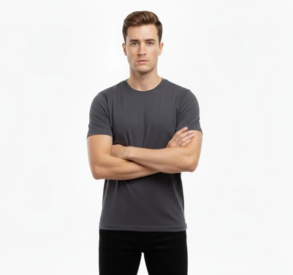 Erkek T-Shirt Bisiklet Yaka Slim Fit Dar Kesim Likralı Tişört Günlük Basic Body - Füme (184422)