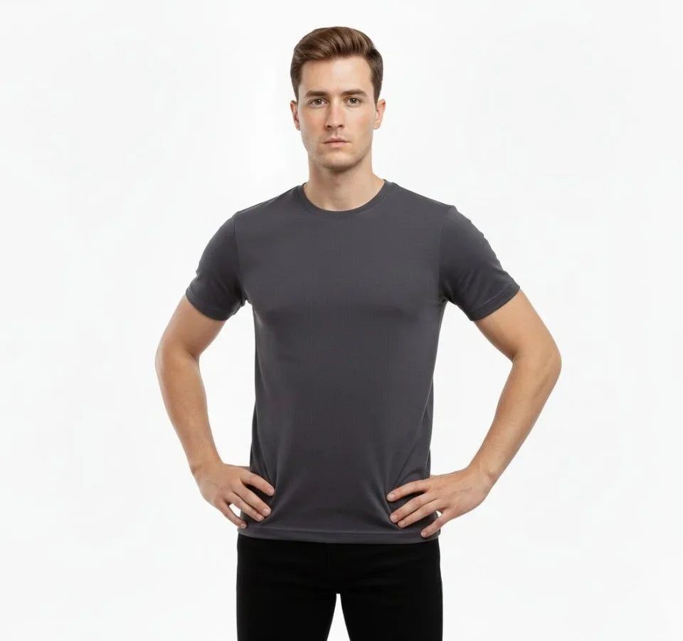 Erkek T-Shirt Bisiklet Yaka Slim Fit Dar Kesim Likralı Tişört Günlük Basic Body - Füme (184422)