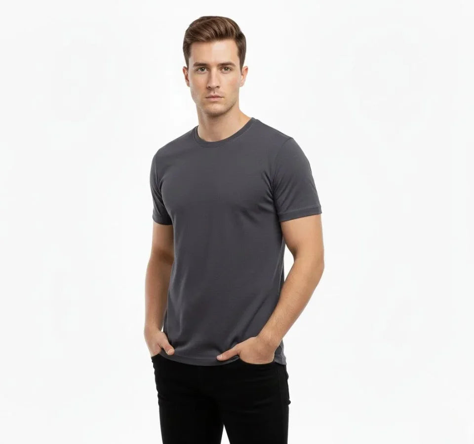 Erkek T-Shirt Bisiklet Yaka Slim Fit Dar Kesim Likralı Tişört Günlük Basic Body - Füme (184422)