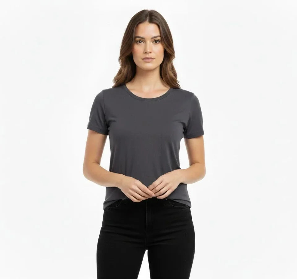 T-Shirt Bisiklet Yaka Slim Fit Likralı Tişört Günlük Basic Body - Füme (184424)