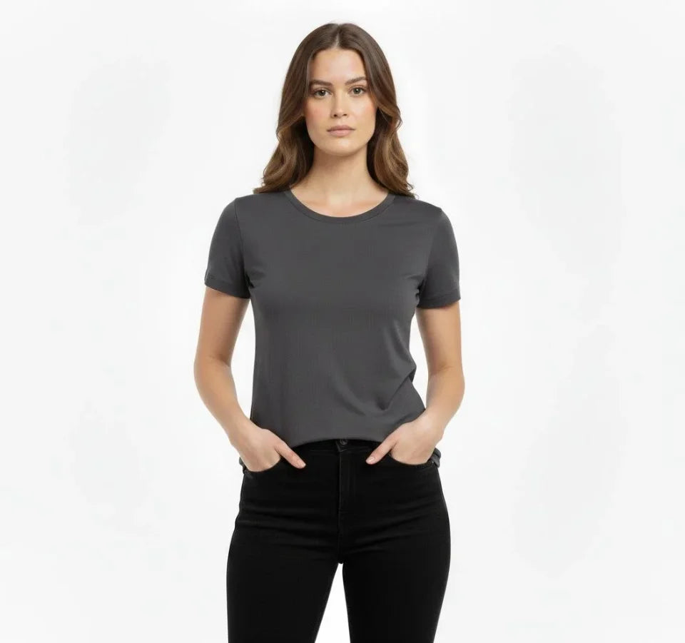 T-Shirt Bisiklet Yaka Slim Fit Likralı Tişört Günlük Basic Body - Füme (184424)