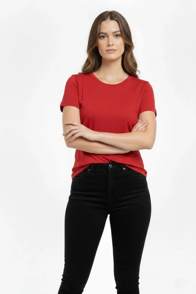 T-Shirt Bisiklet Yaka Slim Fit Likralı Tişört Günlük Basic Body - Kırmızı (184434)