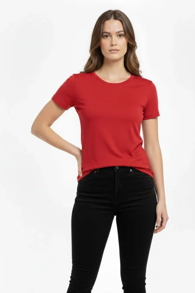 T-Shirt Bisiklet Yaka Slim Fit Likralı Tişört Günlük Basic Body - Kırmızı (184434)