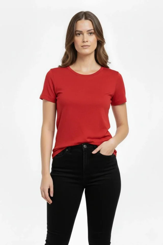 T-Shirt Bisiklet Yaka Slim Fit Likralı Tişört Günlük Basic Body - Kırmızı (184434)
