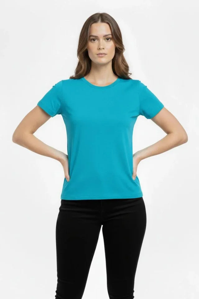 T-Shirt Bisiklet Yaka Slim Fit Likralı Tişört Günlük Basic Body - Turkuvaz (184435)