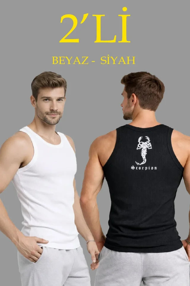 Erkek Spor Fitilli Atlet 2li Set Siyah Ve Beyaz Slim Fit Kaşkorse Arka Baskılı Spor Atlet (184501)