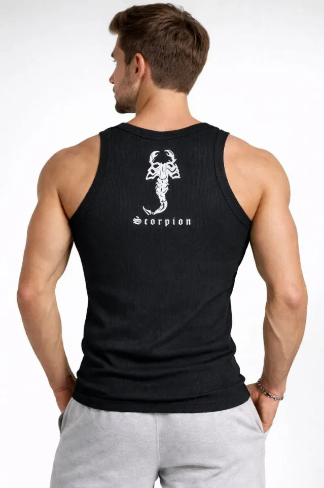 Erkek Spor Fitilli Atlet 2li Set Siyah Ve Beyaz Slim Fit Kaşkorse Arka Baskılı Spor Atlet (184501)