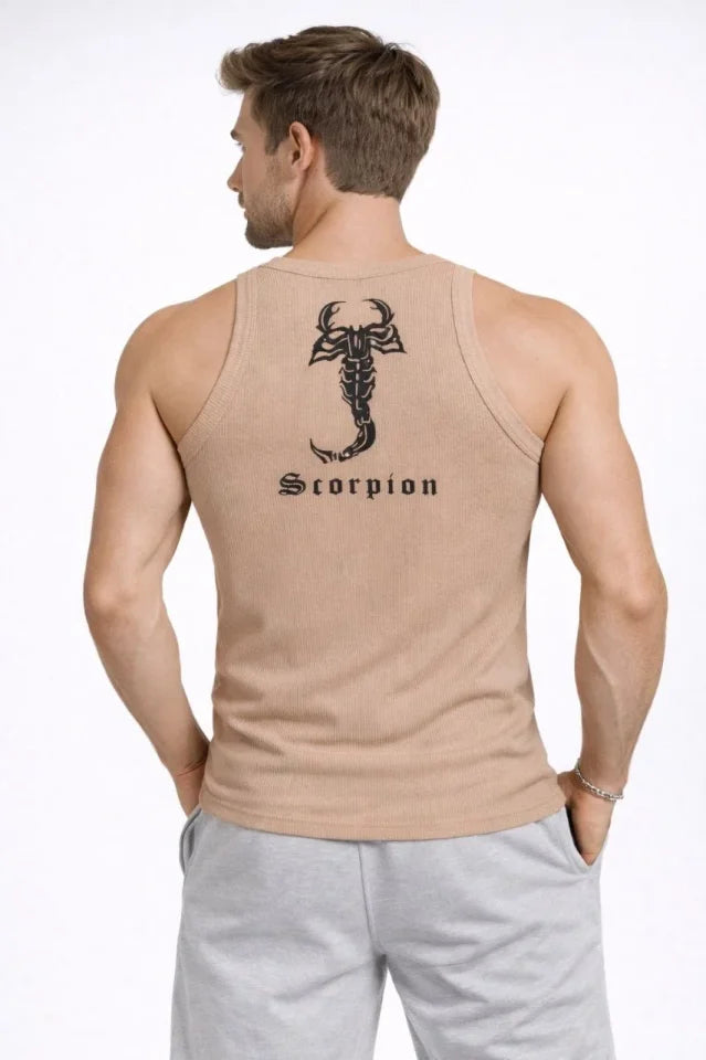Erkek Spor Fitilli Atlet 2li Set Kahverengi Ve Beyaz Slim Fit Kaşkorse Arka Baskılı Spor Atlet (184504)