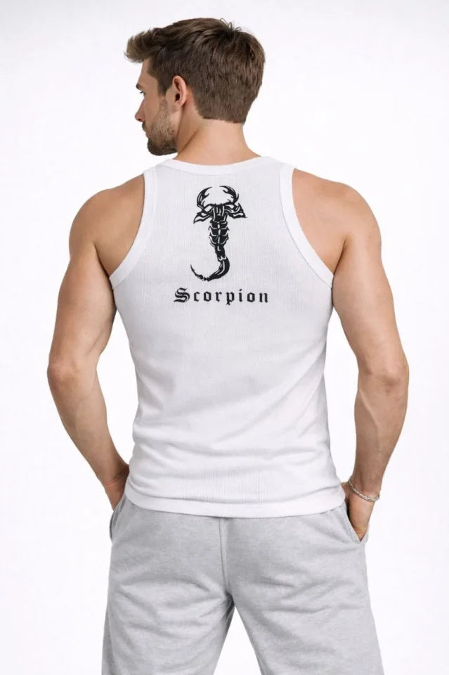 Erkek Spor Fitilli Atlet 2li Set Kahverengi Ve Beyaz Slim Fit Kaşkorse Arka Baskılı Spor Atlet (184504)