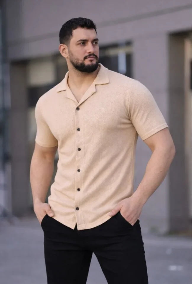 Erkek Waffle Dokuma Açık Yakalı Düğmeli Regular Kalıp 2’li Gömlek Seti - Haki - Bej (184595)
