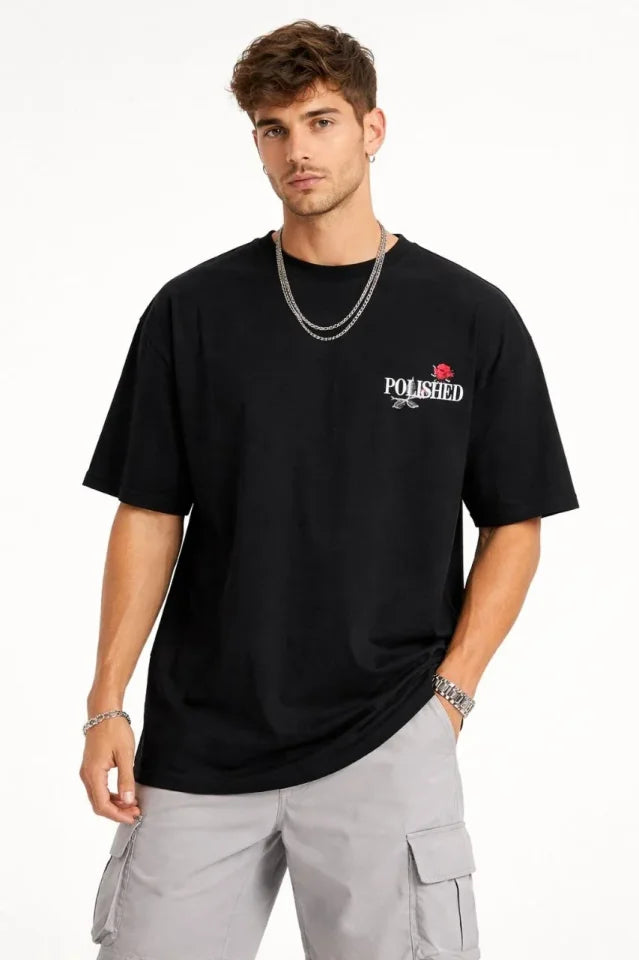 Erkek Bisiklet Yaka Baskılı  Kısa Kollu Tişört Streetwear Günlük Basic Pamuklu T-shirt - Siyah (184606)