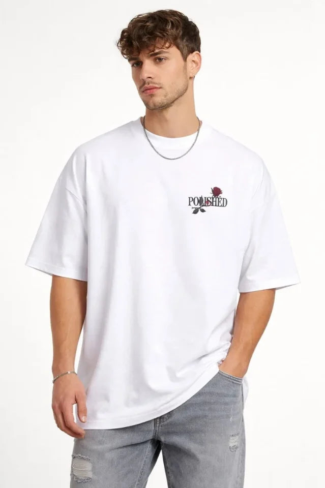 Erkek Bisiklet Yaka Baskılı Kısa Kollu Tişört Streetwear Günlük Basic Pamuklu T-shirt - Beyaz (184607)