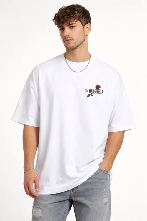 Erkek Bisiklet Yaka Baskılı Kısa Kollu Tişört Streetwear Günlük Basic Pamuklu T-shirt - Beyaz (184607)