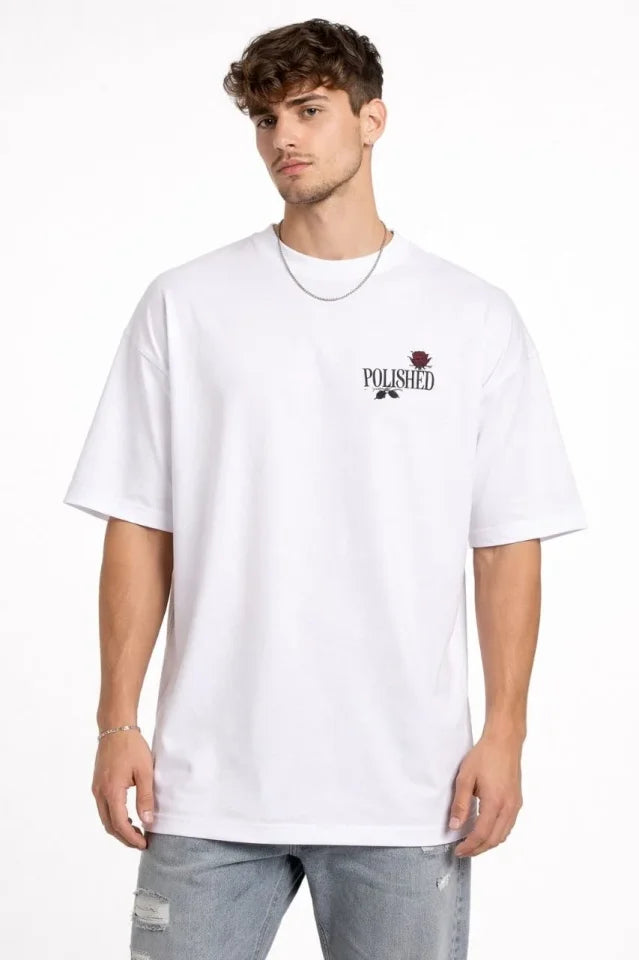 Erkek Bisiklet Yaka Baskılı Kısa Kollu Tişört Streetwear Günlük Basic Pamuklu T-shirt - Beyaz (184607)