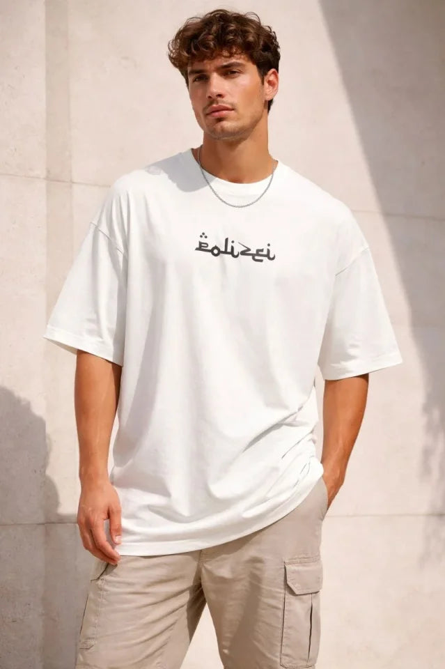 Erkek Bisiklet Yaka Baskılı Kısa Kollu Tişört Streetwear Günlük Basic Pamuklu T-shirt - Beyaz (184608)