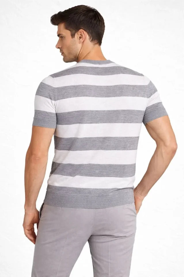 Erkek T-shirt Çizgili Triko Dokuma Bisiklet Yaka Tişört - Gri (184613)