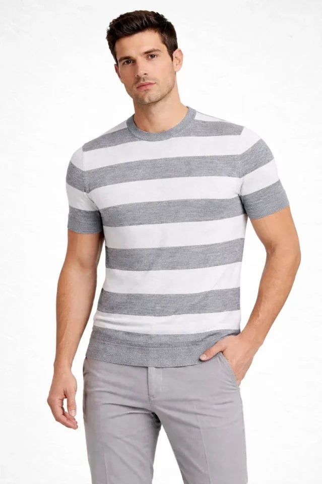 Erkek T-shirt Çizgili Triko Dokuma Bisiklet Yaka Tişört - Gri (184613)