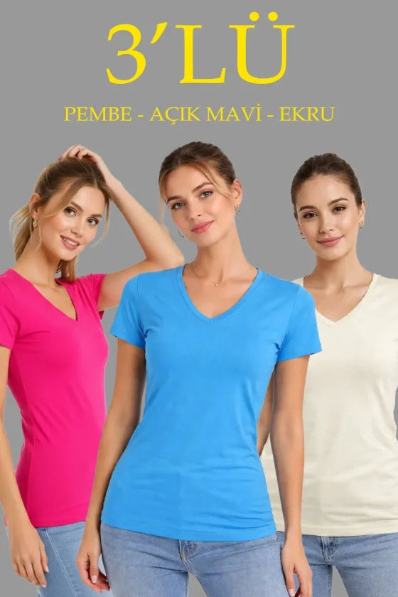 3lü V Yaka Tişört – Kısa Kollu Yazlık Slim Fit Body - Pembe, Açık Mavi, Ekru (184886)