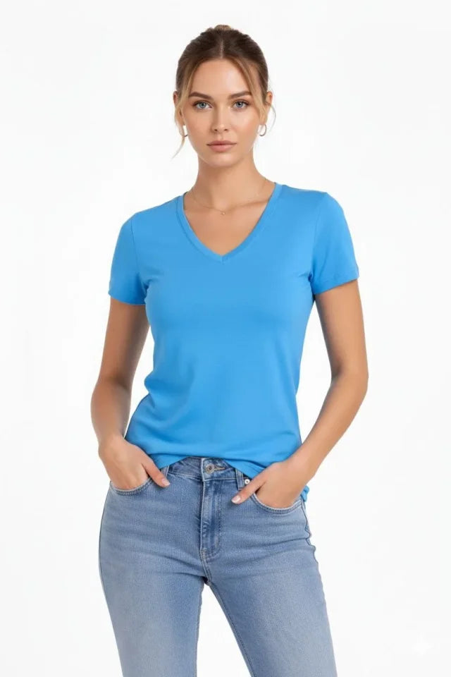 3lü V Yaka Tişört – Kısa Kollu Yazlık Slim Fit Body - Pembe, Açık Mavi, Ekru (184886)