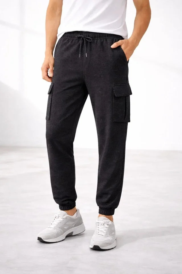 Erkek Jogger Eşofman Altı Regular Fit , Kargo Cepli, Lastikli Paça, Günlük Spor Pantolon - Füme (184955)