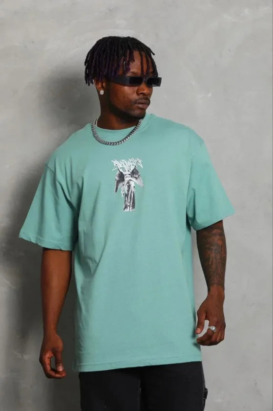 Erkek Baskılı T-Shirt Kısa Kol Bisiklet Yaka Regular Fit Rahat Kalıp Günlük Tişört - Mint Yeşili (185483)