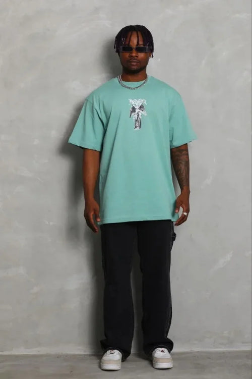 Erkek Baskılı T-Shirt Kısa Kol Bisiklet Yaka Regular Fit Rahat Kalıp Günlük Tişört - Mint Yeşili (185483)
