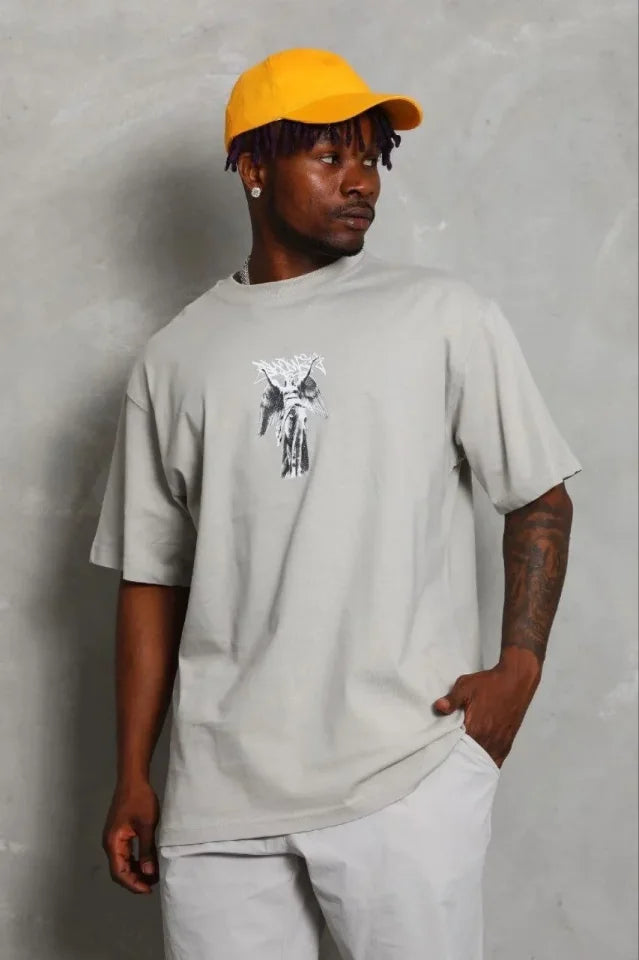 Erkek Baskılı T-Shirt Kısa Kol Bisiklet Yaka Regular Fit Rahat Kalıp Günlük Tişört - Gri (185484)