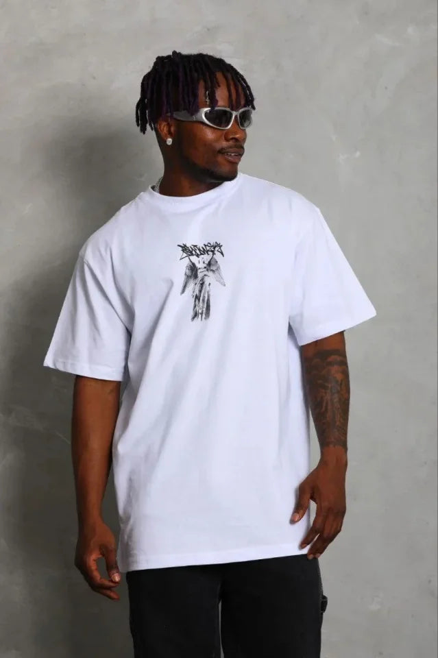 Erkek Baskılı T-Shirt Kısa Kol Bisiklet Yaka Regular Fit Rahat Kalıp Günlük Tişört - Beyaz (185486)