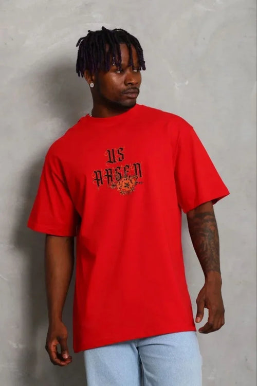 Erkek Baskılı T-Shirt Kısa Kol Bisiklet Yaka Regular Fit Rahat Kalıp Günlük Tişört - Kırmızı (185488)