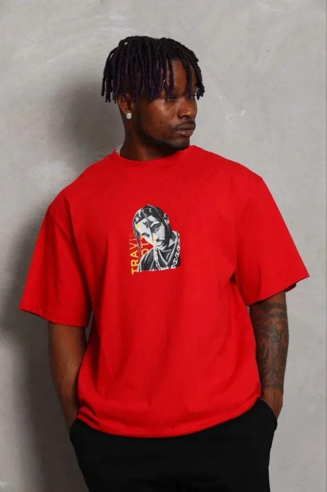 Erkek Baskılı T-Shirt Kısa Kol Bisiklet Yaka Regular Fit Rahat Kalıp Günlük Tişört - Kırmızı (185492)