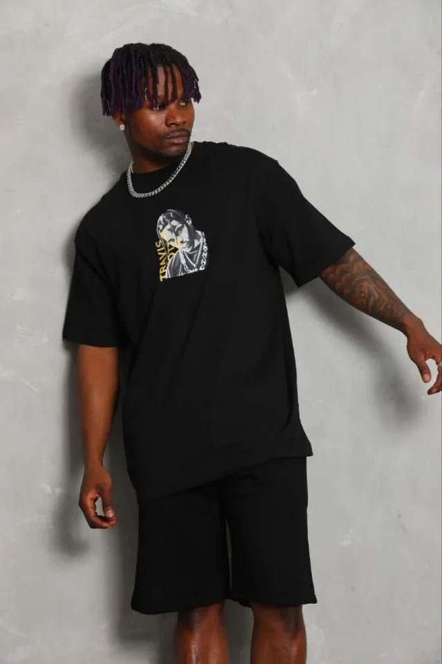 Erkek Baskılı T-Shirt Kısa Kol Bisiklet Yaka Regular Fit Rahat Kalıp Günlük Tişört - Siyah (185496)