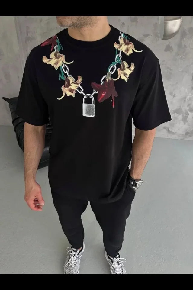 Erkek Baskılı T-Shirt Kısa Kol Bisiklet Yaka Regular Fit Rahat Kalıp Günlük Tişört - Siyah (185501)
