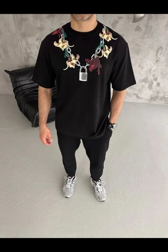 Erkek Baskılı T-Shirt Kısa Kol Bisiklet Yaka Regular Fit Rahat Kalıp Günlük Tişört - Siyah (185501)