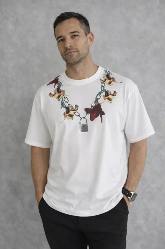 Erkek Baskılı T-Shirt Kısa Kol Bisiklet Yaka Regular Fit Rahat Kalıp Günlük Tişört - Beyaz (185502)