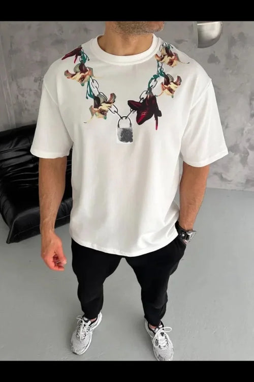 Erkek Baskılı T-Shirt Kısa Kol Bisiklet Yaka Regular Fit Rahat Kalıp Günlük Tişört - Beyaz (185502)