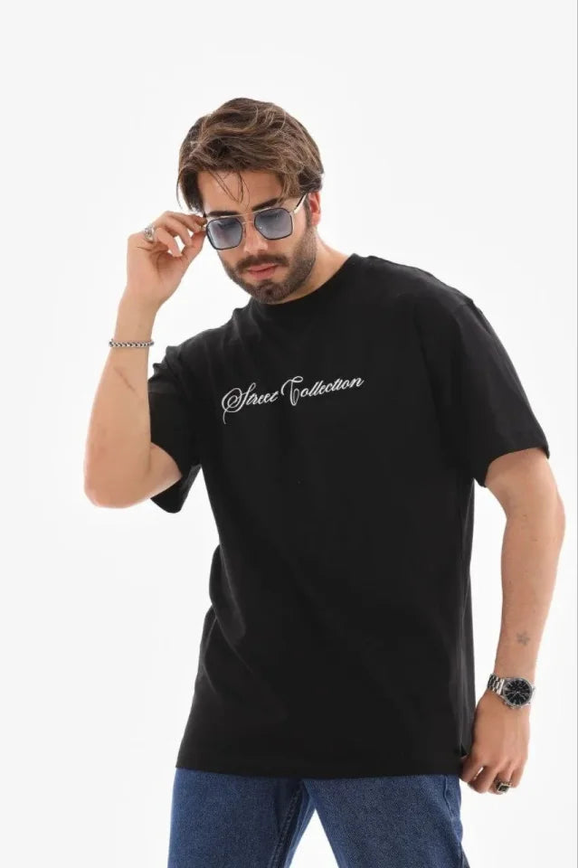 Erkek Baskılı T-Shirt Kısa Kol Bisiklet Yaka Regular Fit Rahat Kalıp Günlük Tişört - Siyah (185503)