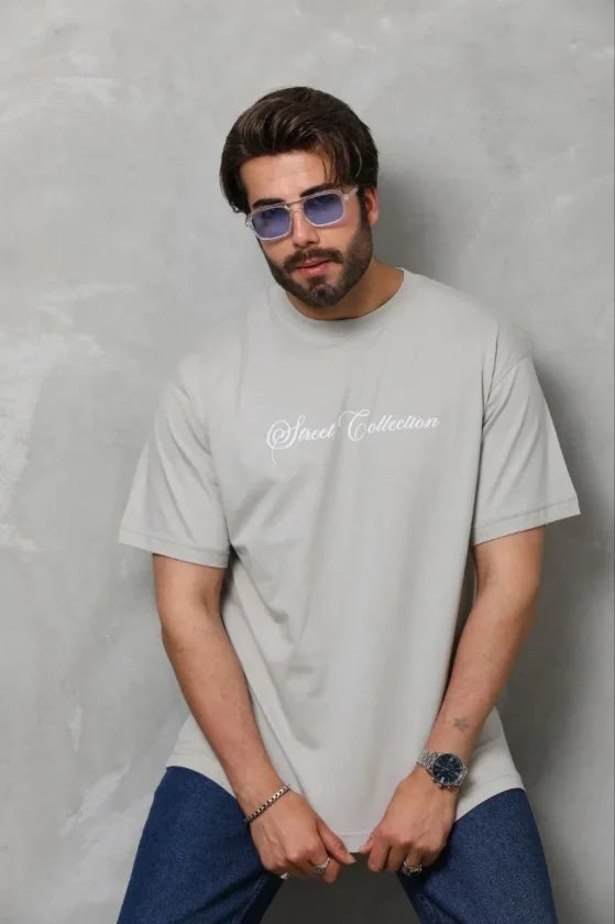 Erkek Baskılı T-Shirt Kısa Kol Bisiklet Yaka Regular Fit Rahat Kalıp Günlük Tişört - Gri (185505)