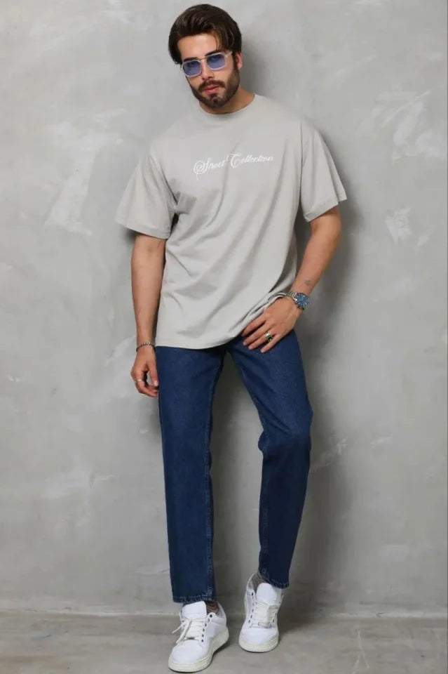 Erkek Baskılı T-Shirt Kısa Kol Bisiklet Yaka Regular Fit Rahat Kalıp Günlük Tişört - Gri (185505)