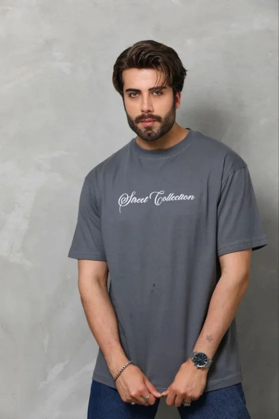 Erkek Baskılı T-Shirt Kısa Kol Bisiklet Yaka Regular Fit Rahat Kalıp Günlük Tişört - Füme (185507)
