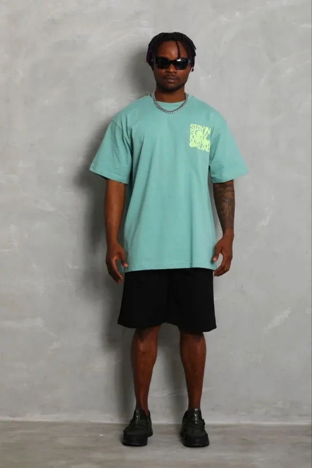 Erkek Baskılı T-Shirt Kısa Kol Bisiklet Yaka Regular Fit Rahat Kalıp Günlük Tişört - Mint Yeşili (185508)