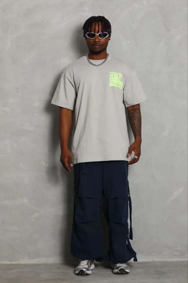 Erkek Baskılı T-Shirt Kısa Kol Bisiklet Yaka Regular Fit Rahat Kalıp Günlük Tişört - Gri (185511)