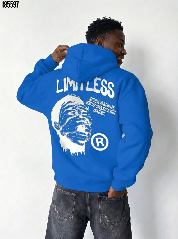Erkek Premium Baskılı Kapşonlu Sweatshirt Üç İplik İçi Pamuklu Kanguru Cepli Saks Mavisi