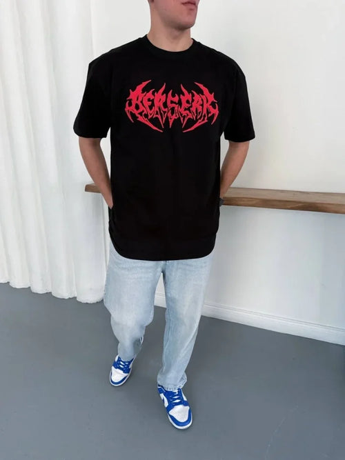 Erkek Baskılı T-Shirt Yazlık Kısa Kol Bisiklet Yaka Rahat Kalıp Tişört - Siyah (185767)