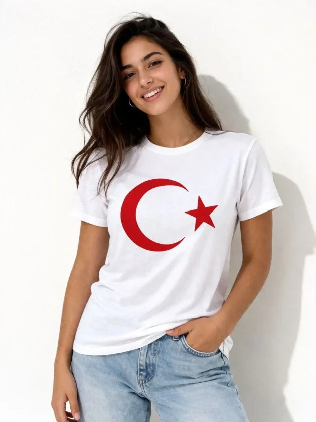 T-Shirt Kısa Kol Bisiklet Yaka Ay Yıldız Bayrak Baskılı Tişört - Beyaz (186085)