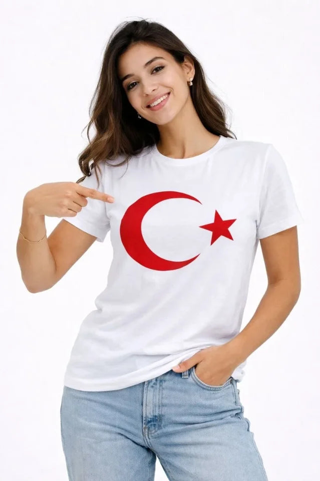 T-Shirt Kısa Kol Bisiklet Yaka Ay Yıldız Bayrak Baskılı Tişört - Beyaz (186085)