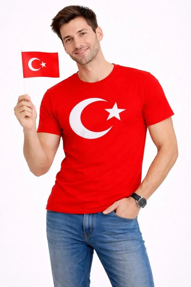 Erkek T-Shirt Kısa Kol Bisiklet Yaka Ay Yıldız Bayrak Baskılı Tişört - Kırmızı (186149)