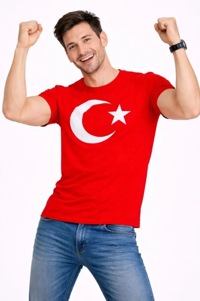 Erkek T-Shirt Kısa Kol Bisiklet Yaka Ay Yıldız Bayrak Baskılı Tişört - Kırmızı (186149)