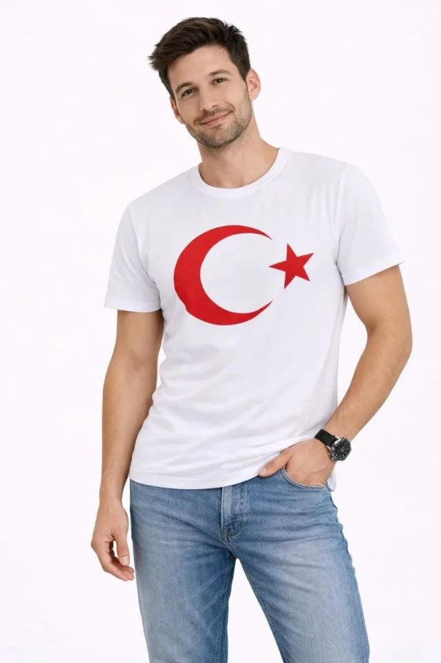 Erkek T-Shirt Kısa Kol Bisiklet Yaka Ay Yıldız Bayrak Baskılı Tişört - Beyaz (186150)