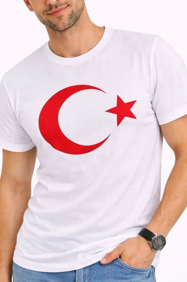 Erkek T-Shirt Kısa Kol Bisiklet Yaka Ay Yıldız Bayrak Baskılı Tişört - Beyaz (186150)